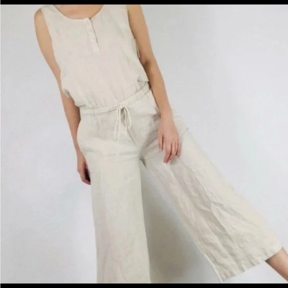 Cloth & Stone Sz M Jumpsuit Linen Drawstring Wide Leg Crop Natural Tan Lagenlook - Picture 2 of 16